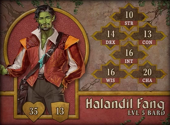 Character card for Halandil Fang, level 5 Bard, with 35 HP, 13 AC, 10 strength, 14 dexterity, 13 constitution, 16 intelligence, 16 wisdom, and 20 charisma. A bright-green-skinned orc with black hair and beard, shot through with streaks of white. He wears a colorful orange and white jacket with bright yellow shoulder pads and designs resembling wheat running up the front. Underneath is a white collared shirt open to reveal his upper chest, tucked into basic gray slacks and a brown leather belt. A brown leather messenger bag hangs across his body, with a sky blue hankerchief tied to the strap. He looks directly at the viewer, a slightly sad expression on his face.