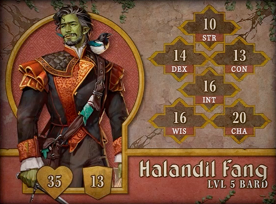 Character card for Halandil Fang, level 5 Bard, with 35 HP, 13 AC, 10 strength, 14 dexterity, 13 constitution, 16 intelligence, 16 wisdom, and 20 charisma. A bright-green-skinned orc with black hair and beard, shot through with streaks of white. He strikes a heroic pose, looking slightly to the side into the middle distance. He wears a regal-looking black coat with orange accents and poofy quilted shoulders. A magpie stands on his left shoulder, its head black and its wings teal. He holds a long thin sword at his side. A brown leather messenger bag hangs across his body with a teal hankerchief tied to the strap and a teal leaf emerging from the bag itself.
