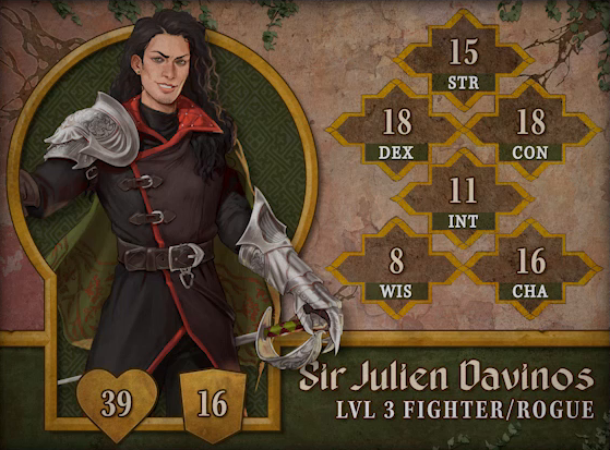 Character card for Sir Julien Davinos, level 3 Fighter/Rogue, with 39 HP, 16 AC, 15 strength, 18 dexterity, 18 constitution, 11 intelligence, 8 wisdom, and 16 charisma. A white-skinned human with long wavy dark brown hair and a scornful expression on his face. He wears a long brown cloak with red accents along the edge and collar. A large silver pauldron is on his right shoulder, and an enormous silver gauntlet covers his left forearm and hand. His left hand rests on the hilt of a sword hanging at his side. A stud earring is in his right ear.