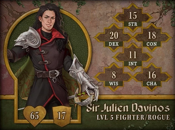Character card for Sir Julien Davinos, level 5 Fighter/Rogue, with 65 HP, 17 AC, 15 strength, 20 dexterity, 18 constitution, 11 intelligence, 8 wisdom, and 16 charisma. A white-skinned human with long wavy dark brown hair and a scornful expression on his face. He wears a long brown cloak with red accents along the edge and collar. A large silver pauldron is on his right shoulder, and an enormous silver gauntlet covers his left forearm and hand. His left hand rests on the hilt of a sword hanging at his side. A stud earring is in his right ear.