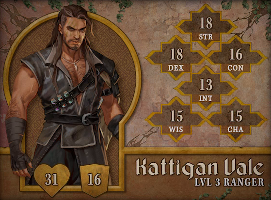 Character card for Kattigan Vale, level 3 Ranger, with 31 HP, 16 AC, 18 strength, 18 dexterity, 16 constitution, 13 intelligence, 15 wisdom, and 15 charisma. A tan-skinned muscular human with long brown hair reaching his chest and a short beard. He wears a dark gray sleeveless vest open down to his naval, cinched at the waist with a black leather belt. Dark gray wraps cover his hands and forearms. A necklace bearing a curved tooth hangs above his hairy chest. A strap across his body carries three corked potion vials, one containing purple liquid, one orange, and one green. He looks at the viewer, dark and brooding.