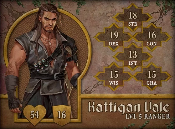 Character card for Kattigan Vale, level 5 Ranger, with 54 HP, 16 AC, 18 strength, 19 dexterity, 16 constitution, 13 intelligence, 15 wisdom, and 15 charisma. A tan-skinned muscular human with long brown hair reaching his chest and a short beard. Three scars streak down across the right side of his face. He wears a dark gray sleeveless vest open down to his naval, cinched at the waist with a black leather belt. Dark gray wraps cover his hands and forearms. A necklace bearing a curved tooth hangs above his hairy chest. A strap across his body carries three corked potion vials, one containing purple liquid, one orange, and one green. He looks at the viewer, dark and brooding.