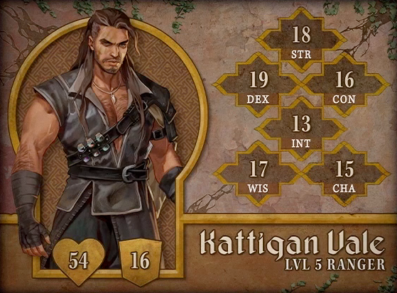 Character card for Kattigan Vale, level 5 Ranger, with 54 HP, 16 AC, 18 strength, 19 dexterity, 16 constitution, 13 intelligence, 17 wisdom, and 15 charisma. A tan-skinned muscular human with long brown hair reaching his chest and a short beard. Three scars streak down across the right side of his face. He wears a dark gray sleeveless vest open down to his naval, cinched at the waist with a black leather belt. Dark gray wraps cover his hands and forearms. A necklace bearing a curved tooth hangs above his hairy chest. A strap across his body carries three corked potion vials, one containing purple liquid, one orange, and one green. He looks at the viewer, dark and brooding.