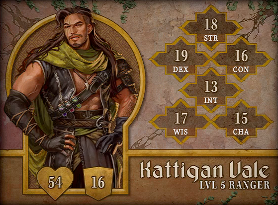 Character card for Kattigan Vale, level 5 Ranger, with 54 HP, 16 AC, 18 strength, 19 dexterity, 16 constitution, 13 intelligence, 17 wisdom, and 15 charisma. A tan-skinned muscular human with long brown hair draping over his shoulders and a short beard. He grins mischievously, hands placed on hips in a heroic pose. Three scars streak down across the right side of his face over his eye. He wears a dark gray sleeveless vest open in the front. Dark gray wraps cover his hands and forearms. A necklace bearing a curved tooth hangs above his hairy chest. A strap across his body carries three corked potion vials, one containing purple liquid, one red, and one green.
