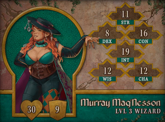 Character card for Murray Mag’Nesson, level 3 Wizard, with 30 HP, 9 AC, 11 strength, 8 dexterity, 16 constitution, 19 intelligence, 12 wisdom, and 12 charisma. A white-skinned dwarf with long wavy red hair and a short red beard braided at the tip of her chin. She wears a wide brimmed hat with a silver pendant and two jewler’s lenses dangling off of it. A patterned purple cape resembling a rug hangs from her shoulders. A ruffly turquoise choker is around her neck, above a low-cut turquoise top and brown leather corset. Black leather sleeves run from her upper arms, stopping at her wrists. A diamond-patterned orange and green sleeve covers her left knee. She gestures to the side with her left hand, bearing long fingernails and rings, and winks.