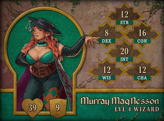 Character card for Murray Mag’Nesson, level 4 Wizard, with 39 HP, 9 AC, 12 strength, 8 dexterity, 16 constitution, 20 intelligence, 12 wisdom, and 12 charisma. A white-skinned dwarf with long wavy red hair and a short red beard braided at the tip of her chin. She wears a wide brimmed hat with a silver pendant and two jewler’s lenses dangling off of it. A patterned purple cape resembling a rug hangs from her shoulders. A ruffly turquoise choker is around her neck, above a low-cut turquoise top and brown leather corset. Black leather sleeves run from her upper arms, stopping at her wrists. A diamond-patterned orange and green sleeve covers her left knee. She gestures to the side with her left hand, bearing long fingernails and rings, and winks.