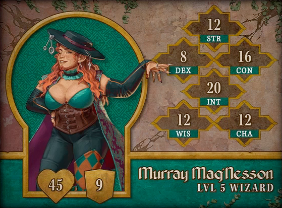 Character card for Murray Mag’Nesson, level 5 Wizard, with 45 HP, 9 AC, 12 strength, 8 dexterity, 16 constitution, 20 intelligence, 12 wisdom, and 12 charisma. A white-skinned dwarf with long wavy red hair and a short red beard braided at the tip of her chin. She wears a wide brimmed hat with a silver pendant and two jewler’s lenses dangling off of it. A patterned purple cape resembling a rug hangs from her shoulders. A ruffly turquoise choker is around her neck, above a low-cut turquoise top and brown leather corset. Black leather sleeves run from her upper arms, stopping at her wrists. A diamond-patterned orange and green sleeve covers her left knee. She gestures to the side with her left hand, bearing long fingernails and rings, and winks.