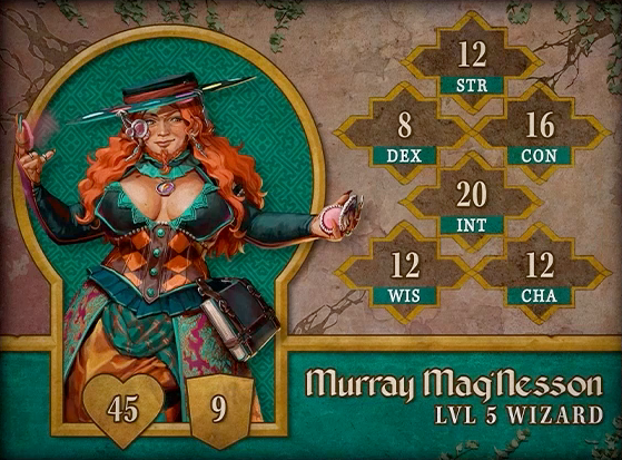 Character card for Murray Mag’Nesson, level 5 Wizard, with 45 HP, 9 AC, 12 strength, 8 dexterity, 16 constitution, 20 intelligence, 12 wisdom, and 12 charisma. A white-skinned dwarf with long wavy red hair and a short red beard braided at the tip of her chin. She wears a wide brimmed hat with a silver pendant and two jewler’s lenses dangling off of it. The top of the hat is set with six circular gems of various colors. She holds a silver compact mirror in her left hand and a disc in her right hand giving off a faint pink mist. Her fingernails are long. A ruffly turquoise choker is around her neck, above a low-cut turquoise top and brown and orange diamond patterned corset. Black leather sleeves run from her upper arms, stopping at her wrists. A turquoise and purple fabric similar to a rug hangs around her waist underneath a thick book bound by leather straps.