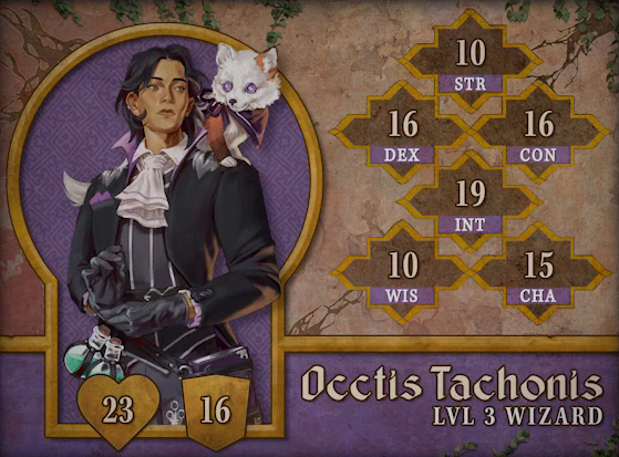 Character card for Occtis Tachonis, level 3 Wizard, with 23 HP, 16 AC, 10 strength, 16 dexterity, 16 constitution, 19 intelligence, 10 wisdom, and 15 charisma. A tan-skinned human with short black hair that curls back around his ears. He wears an aristocratic outfit, including a black jacket with high purple collar and pocket square, a large white ascot, and black leather gloves. A fluffy white fox with purple button eyes, an orange left ear, an orange right front leg, and a purple bow around its neck stands on his shoulder. At his waist are two corked potion vials containing green liquid and a thick purple book. He looks wistfully off into the distance.
