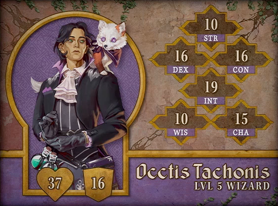 Character card for Occtis Tachonis, level 5 Wizard, with 37 HP, 16 AC, 10 strength, 16 dexterity, 16 constitution, 19 intelligence, 10 wisdom, and 15 charisma. A tan-skinned human with a gaunt face, bright green eyes, and short black hair that curls back around his ears. He wears an aristocratic outfit, including a black jacket with high purple collar and pocket square, a large white ascot, and black leather gloves. A fluffy white fox with purple button eyes, an orange left ear, an orange right front leg, and a purple bow around its neck stands on his shoulder. At his waist are two corked potion vials containing green liquid and a thick purple book. He looks wistfully off into the distance.