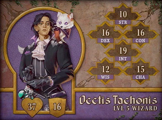 Character card for Occtis Tachonis, level 5 Wizard, with 37 HP, 16 AC, 10 strength, 16 dexterity, 16 constitution, 19 intelligence, 12 wisdom, and 15 charisma. A tan-skinned human with a gaunt face, bright green eyes, and short black hair that curls back around his ears. He wears an aristocratic outfit, including a black jacket with high purple collar and pocket square, a large white ascot, and black leather gloves. A fluffy white fox with purple button eyes, an orange left ear, an orange right front leg, and a purple bow around its neck stands on his shoulder. At his waist are two corked potion vials containing green liquid and a thick purple book. He looks wistfully off into the distance.