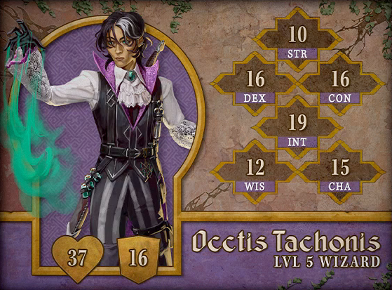 Character card for Occtis Tachonis, level 5 Wizard, with 37 HP, 16 AC, 10 strength, 16 dexterity, 16 constitution, 19 intelligence, 12 wisdom, and 15 charisma. A tan-skinned human with a gaunt face, bright green eyes, and short black hair with a white streak that curls around his ears. He holds his hand out in front of him, conjuring a sickly green mist from his long fingers. He wears a black sleeveless jacket with a high purple collar, a large white ascot, and black leather gloves. The white sleeves of a shirt emerge from the jacket, ending in a lacy fabric over the forearms. A long sheathed sword hangs on his back. At his waist are three corked potion vials containing green liquid.