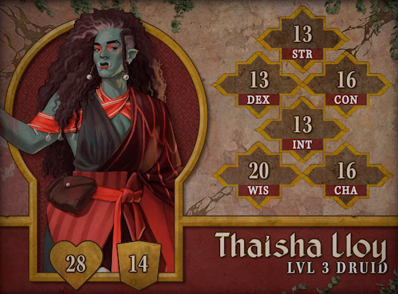 Character card for Thaisha Lloy, level 3 Druid, with 28 HP, 14 AC, 13 strength, 13 dexterity, 16 constitution, 13 intelligence, 20 wisdom, and 16 charisma. A pale-green-skinned orc with long, voluminous, curly brown hair with a few streaks of white. Two braids frame either side of her face, with white pearls hanging at the bottoms. She wears a red toga-like top over a bright red ornate strip of fabric draping around her neck and shoulders. Red makeup surrounds her eyes, a ring hangs from her nose, and her left eyebrow has a notch. A couple brown leather satchels hang at her red fabric belt.