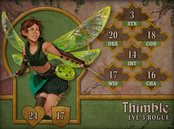 Character card for Thimble, level 3 Rogue, with 24 HP, 17 AC, 3 strength, 20 dexterity, 18 constitution, 14 intelligence, 17 wisdom, and 16 charisma. A white-skinned pixie with brown hair in a pixie cut and four large, iridescent, dragonfly-like wings sprouting from her back. She wears a knit green sleeveless crop top and poofy green shorts. She wields two needles as swords. A lime green button hangs at her waist, as does a triangle of fabric in the shape of a leaf. Brown leather bracers cover her forearms and a metal rod pierces her right ear. She strikes an action pose, mid-flight.