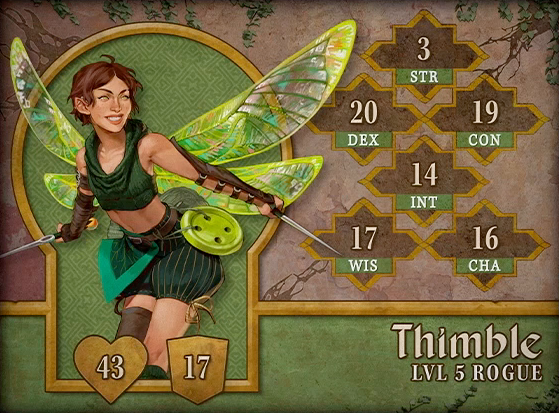 Character card for Thimble, level 5 Rogue, with 43 HP, 17 AC, 3 strength, 20 dexterity, 19 constitution, 14 intelligence, 17 wisdom, and 16 charisma. A white-skinned pixie with brown hair in a pixie cut and four large, iridescent, dragonfly-like wings sprouting from her back. She wears a knit green sleeveless crop top and poofy green shorts. She wields two needles as swords. A lime green button hangs at her waist, as does a triangle of fabric in the shape of a leaf. Brown leather bracers cover her forearms and a metal rod pierces her right ear. She strikes an action pose, mid-flight.