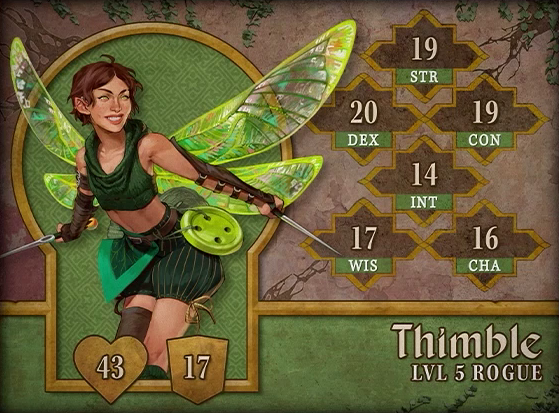 Character card for Thimble, level 5 Rogue, with 43 HP, 17 AC, 19 strength, 20 dexterity, 19 constitution, 14 intelligence, 17 wisdom, and 16 charisma. A white-skinned pixie with brown hair in a pixie cut and four large, iridescent, dragonfly-like wings sprouting from her back. She wears a knit green sleeveless crop top and poofy green shorts. She wields two needles as swords. A lime green button hangs at her waist, as does a triangle of fabric in the shape of a leaf. Brown leather bracers cover her forearms and a metal rod pierces her right ear. She strikes an action pose, mid-flight.
