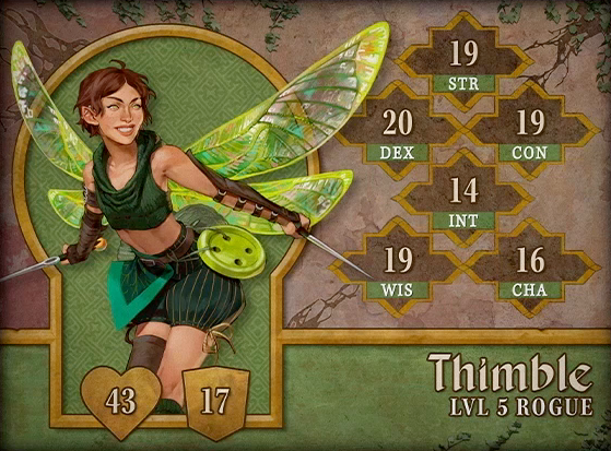 Character card for Thimble, level 5 Rogue, with 43 HP, 17 AC, 19 strength, 20 dexterity, 19 constitution, 14 intelligence, 19 wisdom, and 16 charisma. A white-skinned pixie with brown hair in a pixie cut and four large, iridescent, dragonfly-like wings sprouting from her back. She wears a knit green sleeveless crop top and poofy green shorts. She wields two needles as swords. A lime green button hangs at her waist, as does a triangle of fabric in the shape of a leaf. Brown leather bracers cover her forearms and a metal rod pierces her right ear. She strikes an action pose, mid-flight.