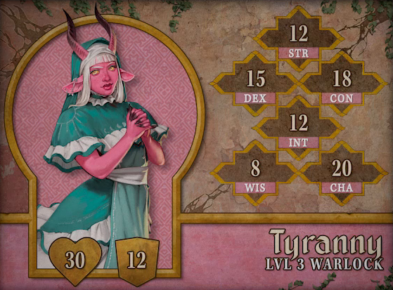 Character card for Tyranny, level 3 Warlock, with 30 HP, 12 AC, 12 strength, 15 dexterity, 18 constitution, 12 intelligence, 8 wisdom, and 20 charisma. A bubblegum-pink-skinned demon with white hair and bangs, goat ears protruding to the sides of her head, and horns sticking straight up. The horns twist slightly, shifting from pink to black as they go up. She wears a teal dress with white ruffly edges and an apron tied at the waist. The dress has an image of the sun on the right shoulder and the phases of the moon across the chest. A piercing resembling a silver arrow runs through her right ear. She clasps her hands together in prayer, black fingertips visible, and looks into the distance with her yellow eyes.