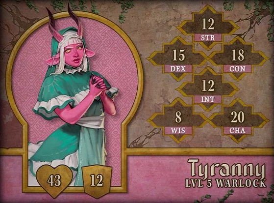 Character card for Tyranny, level 5 Warlock, with 43 HP, 12 AC, 12 strength, 15 dexterity, 18 constitution, 12 intelligence, 8 wisdom, and 20 charisma. A bubblegum-pink-skinned demon with white hair and bangs, goat ears protruding to the sides of her head, and horns sticking straight up. The horns twist slightly, shifting from pink to black as they go up. She wears a teal dress with white ruffly edges, a coif covering her head, and an apron tied at the waist. The dress has an image of the sun on the right shoulder and the phases of the moon across the chest. A piercing resembling a silver arrow runs through her right ear. She clasps her hands together in prayer, black fingertips visible, and looks into the distance with her yellow eyes.