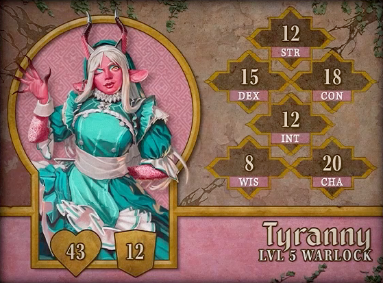 Character card for Tyranny, level 5 Warlock, with 43 HP, 12 AC, 12 strength, 15 dexterity, 18 constitution, 12 intelligence, 8 wisdom, and 20 charisma. A bubblegum-pink-skinned demon with white hair and bangs, goat ears protruding to the sides of her head, and horns sticking straight up. The horns twist slightly, shifting from pink to black as they go up, eventually ending in silver capped tips. She looks directly at the camera, winking and waving her long black-fingertipped hand, revealing one yellow eye. She wears a teal dress with white ruffly edges, a coif covering her head, and an apron tied at the waist. Her forearms are covered in complex white floral patterns, like tattoos. A piercing resembling a silver arrow runs through her right ear.