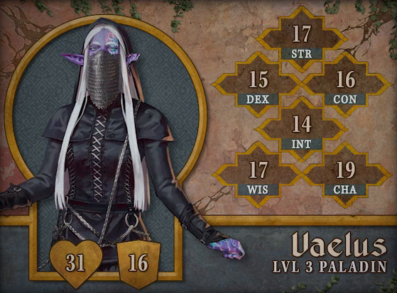 Character card for Vaelus, level 3 Paladin, with 31 HP, 16 AC, 17 strength, 15 dexterity, 16 constitution, 14 intelligence, 17 wisdom, and 19 charisma. A purple-skinned elf with long straight white hair reaching to her waist. She wears a chainmail veil covering the lower half of her face and a long-sleeved black leather shirt laced up to her neck. Chains hang from rings attatched around her waist and drap across her left shoulder. Her purple skin has patterns of oranges, pinks, greens, and blues on the left side of her face and on her left hand. She stares forward, eyes narrowed.