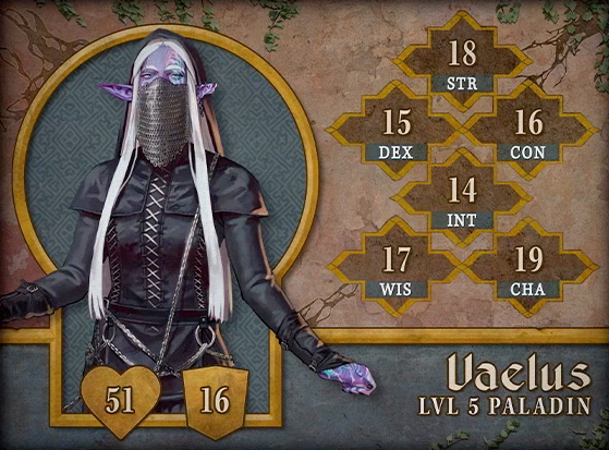 Character card for Vaelus, level 5 Paladin, with 51 HP, 16 AC, 18 strength, 15 dexterity, 16 constitution, 14 intelligence, 17 wisdom, and 19 charisma. A purple-skinned elf with a hood and long straight white hair reaching to her waist. She wears a chainmail veil covering the lower half of her face and a long-sleeved black leather shirt laced up to her neck. Chains hang from rings attatched around her waist and drape across her left shoulder. Her purple skin has patterns of oranges, pinks, greens, and blues on the left side of her face and on her left hand. She stares forward, eyes narrowed.