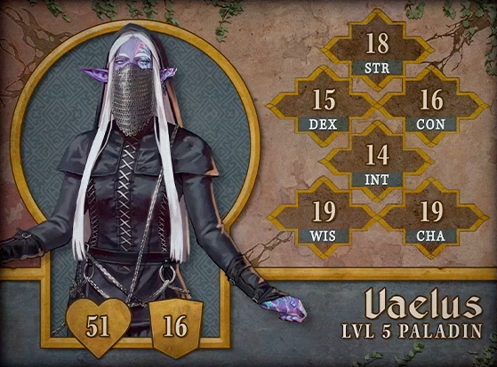 Character card for Vaelus, level 5 Paladin, with 51 HP, 16 AC, 18 strength, 15 dexterity, 16 constitution, 14 intelligence, 19 wisdom, and 19 charisma. A purple-skinned elf with a hood and long straight white hair reaching to her waist. She wears a chainmail veil covering the lower half of her face and a long-sleeved black leather shirt laced up to her neck. Chains hang from rings attached around her waist and drape across her left shoulder. Her purple skin has patterns of oranges, pinks, greens, and blues on the left side of her face and on her left hand. She stares forward, eyes narrowed.