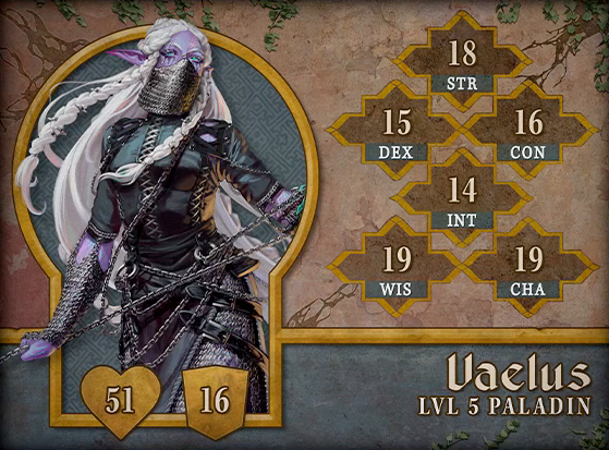 Character card for Vaelus, level 5 Paladin, with 51 HP, 16 AC, 18 strength, 15 dexterity, 16 constitution, 14 intelligence, 19 wisdom, and 19 charisma. A purple-skinned elf with long straight white hair reaching past her waist. Two long locks of the hair are braided with metal pins placed into them, swinging to the side as she moves gracefully. She wears a chainmail veil covering the lower half of her face and a short-sleeved green leather shirt laced up to her neck. She stretches chains between her hands. The chains also loop through rings attached around her waist and across her left shoulder. Her purple skin has patterns of oranges, pinks, greens, and blues on the left side of her face and on her left arm. Chainmail covers her forearms.