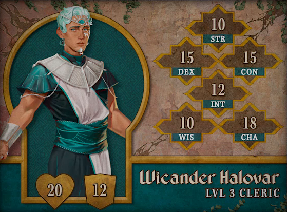 Character card for Wicander Halovar, level 3 Cleric, with 20 HP, 12 AC, 10 strength, 15 dexterity, 15 constitution, 12 intelligence, 10 wisdom, and 18 charisma. A white-skinned human with short bright green hair, almost white. He wears ornate aristocratic garb, a teal tunic with a wide white sash and a thick white metal collar draping across his shoulders and upper chest. A circlet sits on his forehead, bearing a turquoise gem with silver sun rays emanating from it. His wide teal belt bears an image of the sun. A silver bracer is on his right arm. There are white lines under his left eye and a silver cap on his chin. He looks at the viewer sadly, arms slightly open.