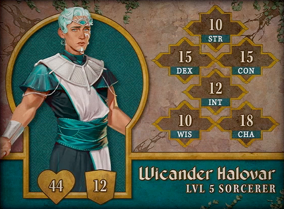 Character card for Wicander Halovar, level 5 Sorcerer, with 44 HP, 12 AC, 10 strength, 15 dexterity, 15 constitution, 12 intelligence, 10 wisdom, and 18 charisma. A white-skinned human with short light teal hair, almost white. He wears ornate aristocratic garb, a teal tunic with a wide white sash and a thick white metal collar draping across his shoulders and upper chest. A circlet sits on his forehead, bearing a turquoise gem with silver sun rays emanating from it. His wide teal belt bears an image of the sun. A silver bracer is on his right arm. There are white lines under his left eye and a silver cap on his chin. He looks at the viewer sadly, arms slightly open.