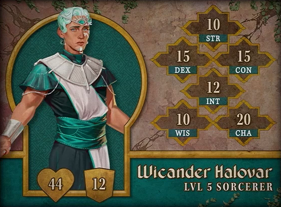 Character card for Wicander Halovar, level 5 Sorcerer, with 44 HP, 12 AC, 10 strength, 15 dexterity, 15 constitution, 12 intelligence, 10 wisdom, and 20 charisma. A white-skinned human with short light teal hair, almost white. He wears ornate aristocratic garb, a teal tunic with a wide white sash and a thick white metal collar draping across his shoulders and upper chest. A circlet sits on his forehead, bearing a turquoise gem with silver sun rays emanating from it. His wide teal belt bears an image of the sun. A silver bracer is on his right arm. There are white lines under his left eye and a silver cap on his chin. He looks at the viewer sadly, arms slightly open.