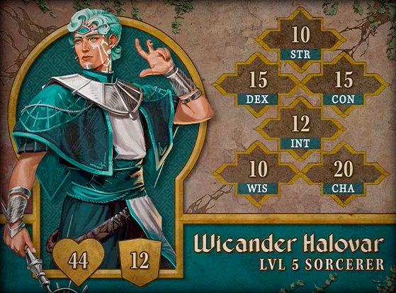 Character card for Wicander Halovar, level 5 Sorcerer, with 44 HP, 12 AC, 10 strength, 15 dexterity, 15 constitution, 12 intelligence, 10 wisdom, and 20 charisma. A white-skinned human with short light teal hair, almost white. He strikes an action pose, a long silver scepter in his right hand held at his side, and his left hand raised with three fingers extended as if casting a spell. He wears ornate aristocratic garb, a teal tunic with a wide white sash and a thick white metal collar draping across his shoulders and upper chest. A circlet sits on his forehead, bearing a turquoise gem with silver sun rays emanating from it. His wide teal belt bears an image of the sun, as do his shoulders. A silver bracer is on his right arm. There are white sun-ray-like lines under his left eye and a silver cap on his chin.