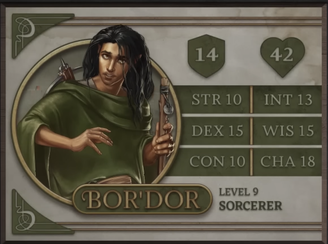 Bor’Dor, class Sorcerer level 9, with 14 AC, 42 HP, 10 strength, 15 dexterity, 10 constitution, 13 intelligence, 15 wisdom, and 18 charisma. A man with light brown skin and long messy black hair. Looking forward with a startled expression on his face and holding a rough wooden staff with a coin tied to it in his left hand. Wearing a loose green poncho and tan belt. A crossbow is visible on his back.