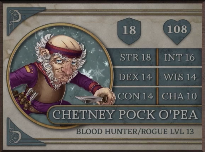 Chetney Pock O’Pea, class Blood Hunter/Rogue level 13, with 18 AC, 108 HP, 18 strength, 14 dexterity, 14 constitution, 16 intelligence, 14 wisdom, and 10 charisma. An old gnome man with white skin wearing a purple body suit, tan harness, and purple headband. Whispy white hair runs from his chin up to the sides of his head, crossing his face in the form of eyebrows. Three scratches are visible on his bald scalp. The emblem of a golden crown is on his right sleeve near the shoulder, and a set of wood carving tools are at his belt. He wields one of these tools in his left hand.