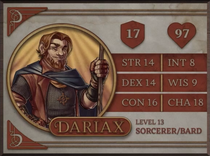 Dariax, class Sorcerer/Bard level 13, with 17 AC, 97 HP, 14 strength, 14 dexterity, 16 constitution, 9 intelligence, 9 wisdom, and 18 charisma. A light-skinned man with short wavy red hair and beard. Wearing a dark gray fabric shirt under a red vest and dark blue cape and holding a staff in his gloved left hand. An emblem of a cross overlaid on a circle hangs over his chest. He smirks confidently towards the viewer.