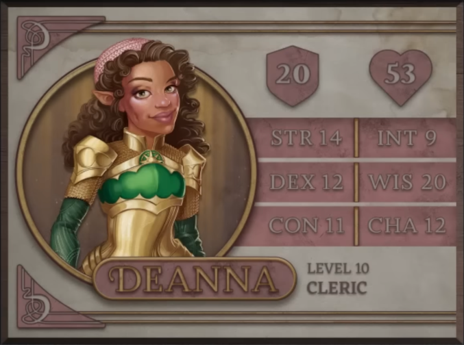 Deanna, class Cleric level 10, with 20 AC, 53 HP, 14 strength, 12 dexterity, 11 constitution, 9 intelligence, 20 wisdom, and 12 charisma. A light-brown-skinned gnomish woman with pointed ears curly brown hair past her shoulders. She wears a pink knit cap and gold-colored plate and mail armor with green across the chest and forearms. At the top of her chest is a golden sun emblem with a green background.