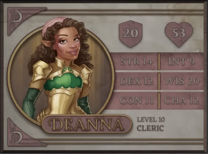 Deanna, class Cleric level 10, with 20 AC, 53 HP, 14 strength, 12 dexterity, 11 constitution, 9 intelligence, 20 wisdom, and 12 charisma. A light-brown-skinned gnomish woman with pointed ears curly brown hair past her shoulders. She wears a pink knit cap and gold-colored plate and mail armor with green across the chest and forearms. At the top of her chest is a golden sun emblem with a green background.