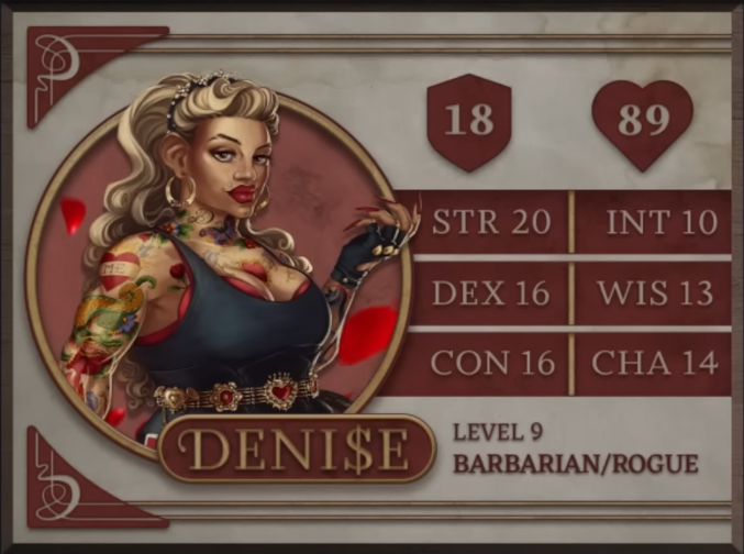Deni$e, class Barbarian/Rogue level 9, with 18 AC, 89 HP, 20 strength, 16 dexterity, 16 constitution, 10 intelligence, 13 wisdom, and 14 charisma. A tan dwarf woman with long wavy blond hair, gold hoop earrings, bold red lipstick, and long red nails. Wearing a black tanktop over a red bra, black fingerless gloves, and a gold metal belt decorated with red hearts and other shapes. Many tattoos are visible on her skin, including several flowers and a heart with the text “ME” written on it.