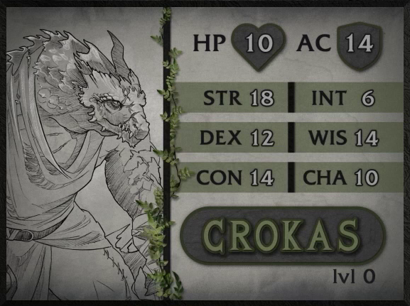A parchment-style character card for Crokas, level 0, with 10 HP, 14 AC, 18 strength, 12 dexterity, 14 constitution, 6 intelligence, 14 wisdom, and 10 charisma. A large dragonborn man hunched over at the neck, wearing a cloak and belt. The cloak is mended with thread at the leg. One horn emerges from his scaled head. The other horn appears to be broken off.