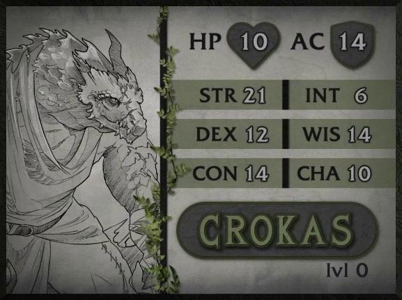 A parchment-style character card for Crokas, level 0, with 10 HP, 14 AC, 21 strength, 12 dexterity, 14 constitution, 6 intelligence, 14 wisdom, and 10 charisma. A large dragonborn man hunched over at the neck, wearing a cloak and belt. The cloak is mended with thread at the leg. One horn emerges from his scaled head. The other horn appears to be broken off.