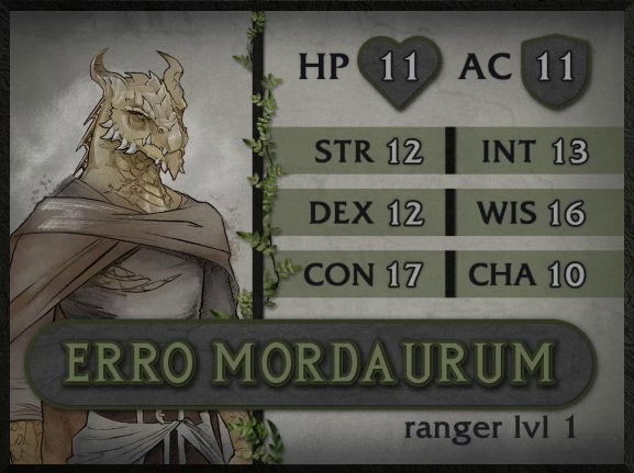 A colored character card for Erro Mordaurum, ranger level 1, with 11 HP, 11 AC, 12 strength, 12 dexterity, 17 constitution, 13 intelligence, 16 wisdom, and 10 charisma. A dragonborn man with golden scales wearing a tattered cloak and belt. Two horns emerge from the top of his head. He looks forward, his mouth set in a stoic expression.