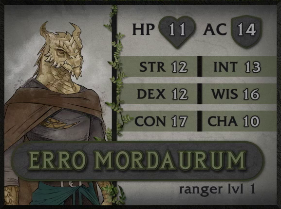 A boldly-colored character card for Erro Mordaurum, ranger level 1, with 11 HP, 14 AC, 12 strength, 12 dexterity, 17 constitution, 13 intelligence, 16 wisdom, and 10 charisma. A dragonborn man with golden scales wearing a tattered cloak and belt. Two horns emerge from the top of his head. He looks forward, his mouth set in a stoic expression.