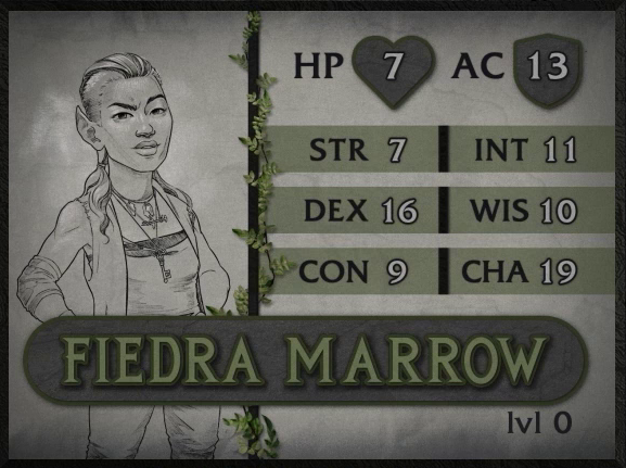 A parchment-style character card for Fiedra Marrow, level 0, with 7 HP, 13 AC, 7 strength, 16 dexterity, 9 constitution, 11 intelligence, 10 wisdom, and 19 charisma. A light-skinned halfling woman with pointed ears and hair down in a ponytail shaved at the temples. She wears a tube top under an open vest and a key on a necklace. She looks at the viewer with one eyebrow cocked. Her right elbow is covered in a cloth wrap.