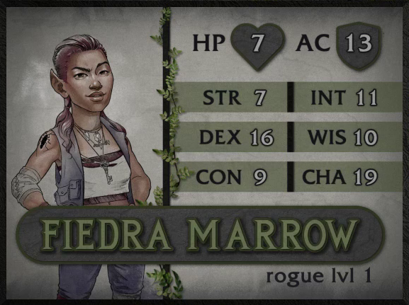 A colored character card for Fiedra Marrow, rogue level 1, with 7 HP, 13 AC, 7 strength, 16 dexterity, 9 constitution, 11 intelligence, 10 wisdom, and 19 charisma. A tan-skinned halfling woman with pointed ears and reddish-pink hair down in a ponytail shaved at the temples. A black tattoo of a cockroach is on her right shoulder. She wears a tube top under an open purple multi-pocketed vest and a key on a necklace. She looks at the viewer with one eyebrow cocked and her mouth in a smirk. Her right elbow is covered in a cloth wrap.