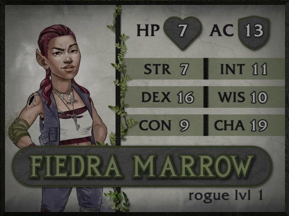 A boldly-colored character card for Fiedra Marrow, rogue level 1, with 7 HP, 13 AC, 7 strength, 16 dexterity, 9 constitution, 11 intelligence, 10 wisdom, and 19 charisma. A tan-skinned halfling woman with pointed ears and maroon hair down in a ponytail shaved at the temples. A black tattoo of a cockroach is on her right shoulder. She wears a tube top under an open purple multi-pocketed vest and a key on a necklace. She looks at the viewer with one eyebrow cocked and her mouth in a smirk. Her right elbow is covered in a green cloth wrap.