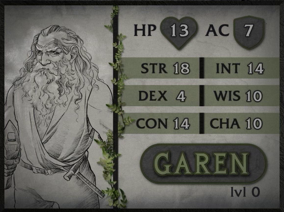 A parchment-style character card for Garen, level 0, with 13 HP, 7 AC, 18 strength, 4 dexterity, 14 constitution, 14 intelligence, 10 wisdom, and 10 charisma. A light-skinned dwarf man with a thick white beard and long wavy white hair, slightly balding on top. He wears a sleeveless tunic, open in the front revealing chest hair. At his belt hangs a thin hammer. He holds another larger hammer in his right hand.