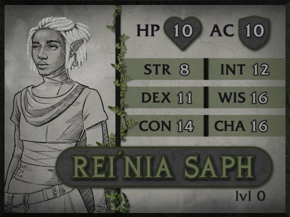 A parchment-style character card for Rei’nia Saph, level 0, with 10 HP, 10 AC, 8 strength, 11 dexterity, 14 constitution, 12 intelligence, 16 wisdom, and 16 charisma. A dark-skinned half-elf woman with a bauble of an earring hanging from one of her pointed ears and white hair done up in dreadlocks. She wears tight fabric clothing with a high collar, sporting a belt and attached bag at her hip. She looks forward thoughtfully.