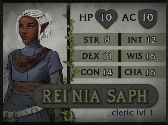 A boldly-colored character card for Rei’nia Saph, cleric level 1, with 10 HP, 10 AC, 8 strength, 11 dexterity, 14 constitution, 12 intelligence, 16 wisdom, and 16 charisma. A black-skinned half-elf woman with a bauble of an earring hanging from one of her pointed ears and white hair done up in dreadlocks. She wears tight blue, brown, and green fabric clothing with a high collar, sporting a belt and attached bag at her hip. She looks forward thoughtfully.