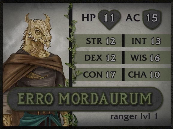 A boldly-colored and finished character card for Erro Mordaurum, ranger level 1, with 11 HP, 15 AC, 12 strength, 12 dexterity, 17 constitution, 13 intelligence, 16 wisdom, and 10 charisma. A dragonborn man with golden scales wearing a tattered cloak and belt. Two horns emerge from the top of his head. He looks forward, his mouth set in a stoic expression.