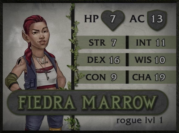 A boldly-colored and finished character card for Fiedra Marrow, rogue level 1, with 7 HP, 13 AC, 7 strength, 16 dexterity, 9 constitution, 11 intelligence, 10 wisdom, and 19 charisma. A tan-skinned halfling woman with pointed ears and maroon hair down in a ponytail shaved at the temples. A black tattoo of a cockroach is on her right shoulder. She wears a tube top under an open purple multi-pocketed vest and a key on a necklace. She looks at the viewer with one eyebrow cocked and her mouth in a smirk. Her right elbow is covered in a green cloth wrap.